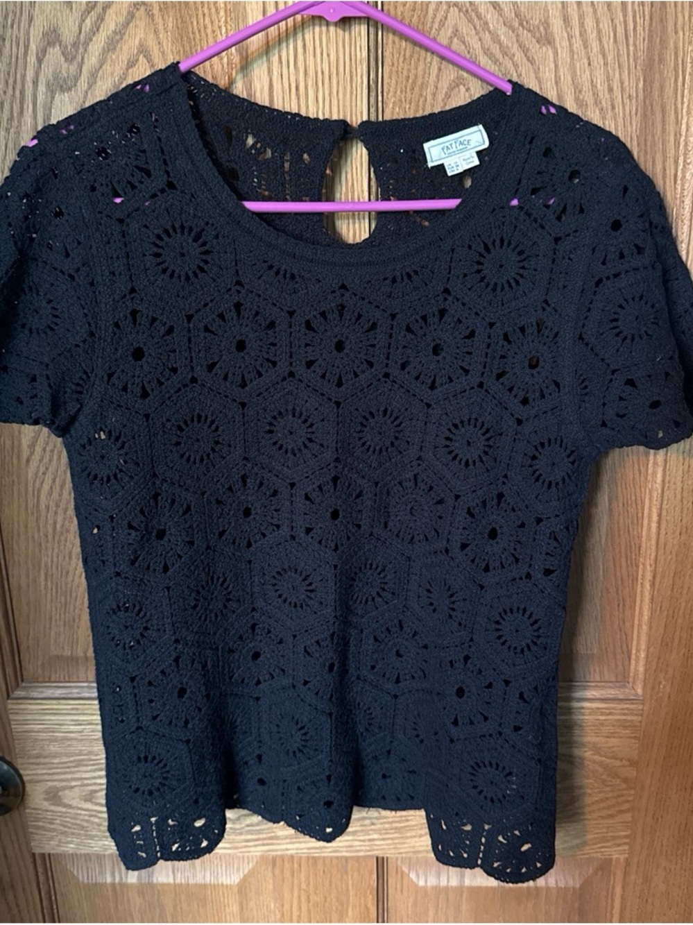 FatFace Black Crochet Short Sleeve Top